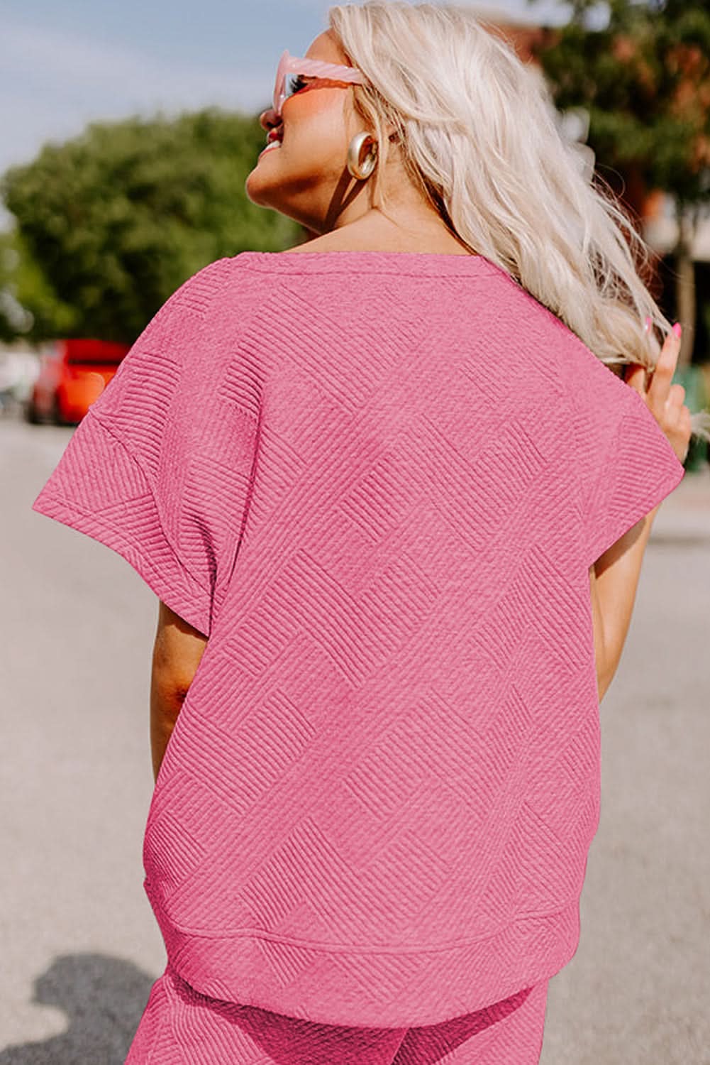 Strawberry Pink Textured Loose Fit T Shirt and Drawstring Pants Set - Love Salve